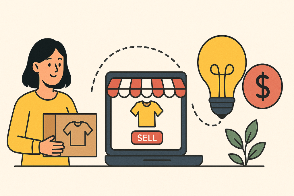 Illustration of women holding a product box beside a laptop with an online storefront.